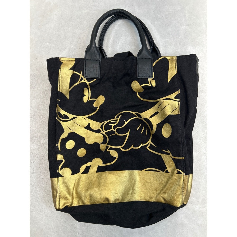 Disney Tote Bag Black Gold Mickey Mouse Minnie Canvas Shoulder Strap Crossbody